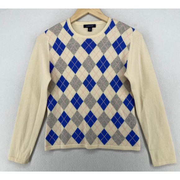 Lands' End Sweaters - LANDS END Sweater Womens XS 2-4 Cashmere Argyle Long Sleeve Pullover Beige Blue